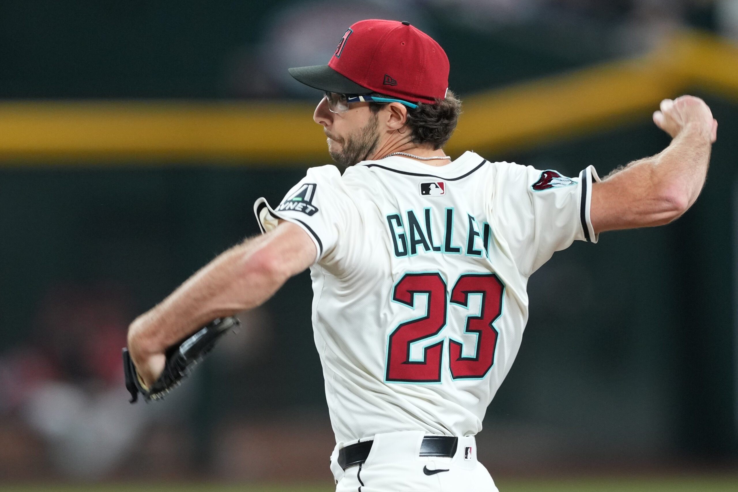 Sep 15, 2025; Phoenix, Arizona, USA; Arizona Diamondbacks pitcher Zac Gallen (23) pitches against the San Francisco Giants during the first inning at Chase Field. Mandatory Credit: Joe Camporeale-Imagn Images