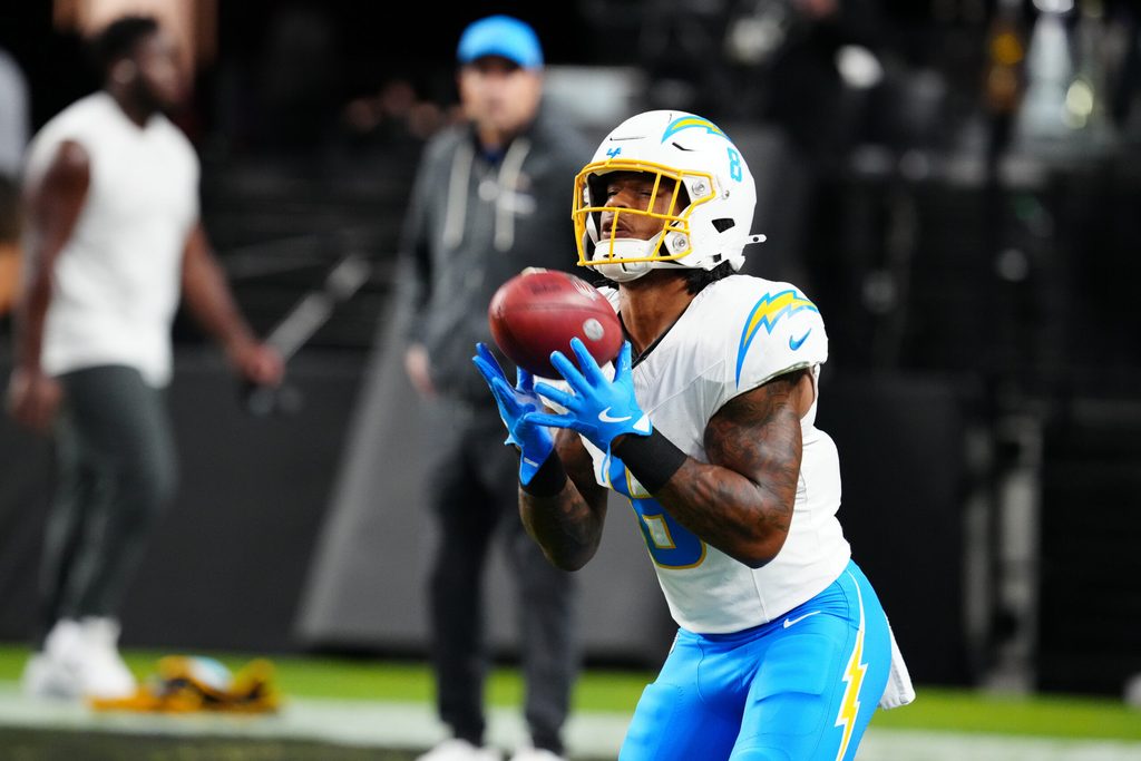 Sep 15, 2025; Paradise, Nevada, USA; Los Angeles Chargers running back Omarion Hampton (8) catches a pass during warm ups before the game against the Las Vegas Raiders at Allegiant Stadium. Mandatory Credit: Stephen R. Sylvanie -Imagn Images