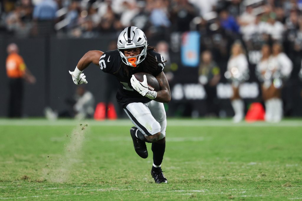 Sep 15, 2025; Paradise, Nevada, USA; Las Vegas Raiders wide receiver Jakobi Meyers (16) rushes during the third quarter against the Los Angeles Chargers at Allegiant Stadium. Mandatory Credit: Kiyoshi Mio-Imagn Images