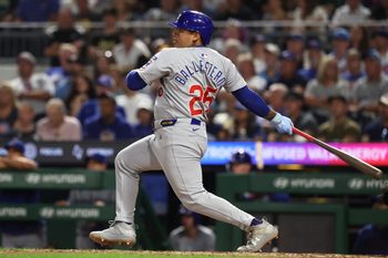 Sep 16, 2025; Pittsburgh, Pennsylvania, USA;  Chicago Cubs designated hitter Moises Ballesteros (25) hits a single against the Pittsburgh Pirates during the eighth inning at PNC Park. Mandatory Credit: Charles LeClaire-Imagn Images