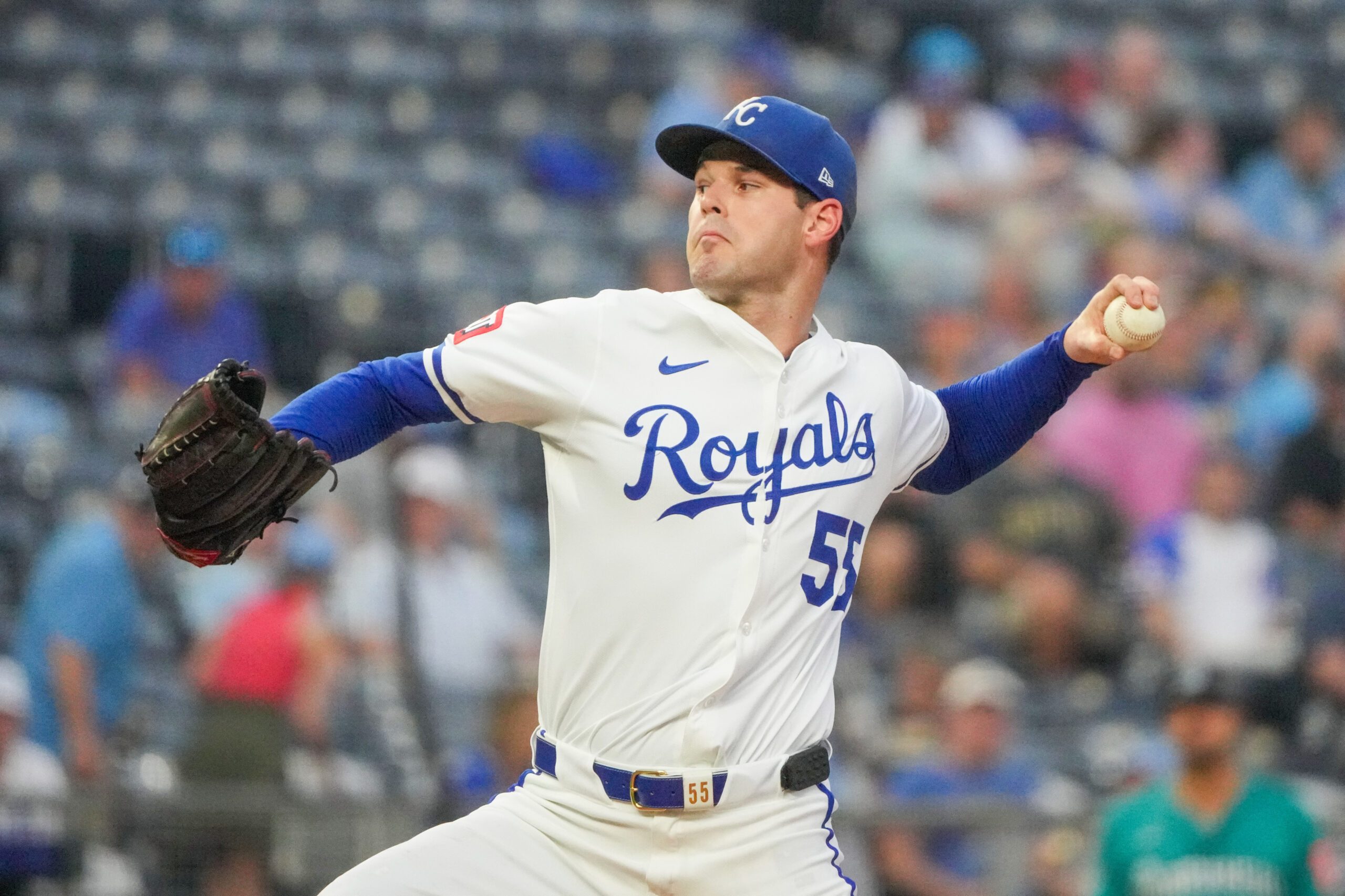 Sep 17, 2025; Kansas City, Missouri, USA; Kansas City Royals starting pitcher Cole Ragans (55) delivers a pitch against the Seattle Mariners during the first inning at Kauffman Stadium. Mandatory Credit: Denny Medley-Imagn Images
