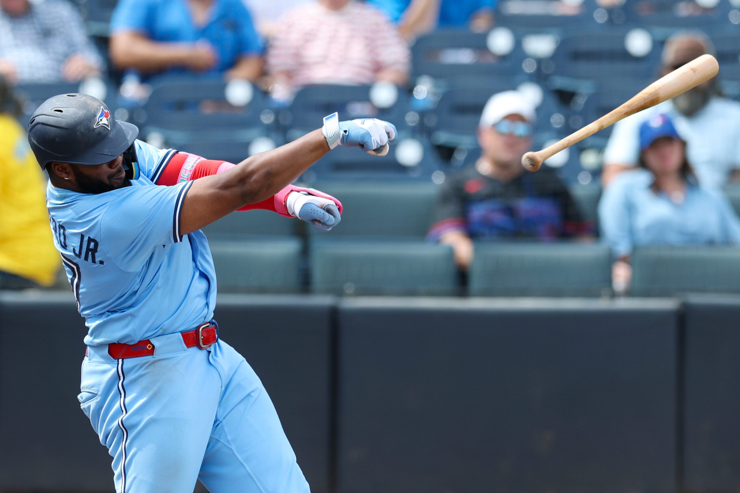 Sep 18, 2025; Tampa, Florida, USA; Toronto Blue Jays first baseman Vladimir Guerrero Jr. (27) looses his bat on a swing against the Tampa Bay Rays in the seventh inning at George M. Steinbrenner Field. Mandatory Credit: Nathan Ray Seebeck-Imagn Images