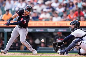 Detroit Tigers catcher Dillon Dingler (13) catches against Cleveland Guardians left fielder Steven Kwan (38) during the ninth inning at Comerica Park in Detroit on Thursday, Sept. 18, 2025.