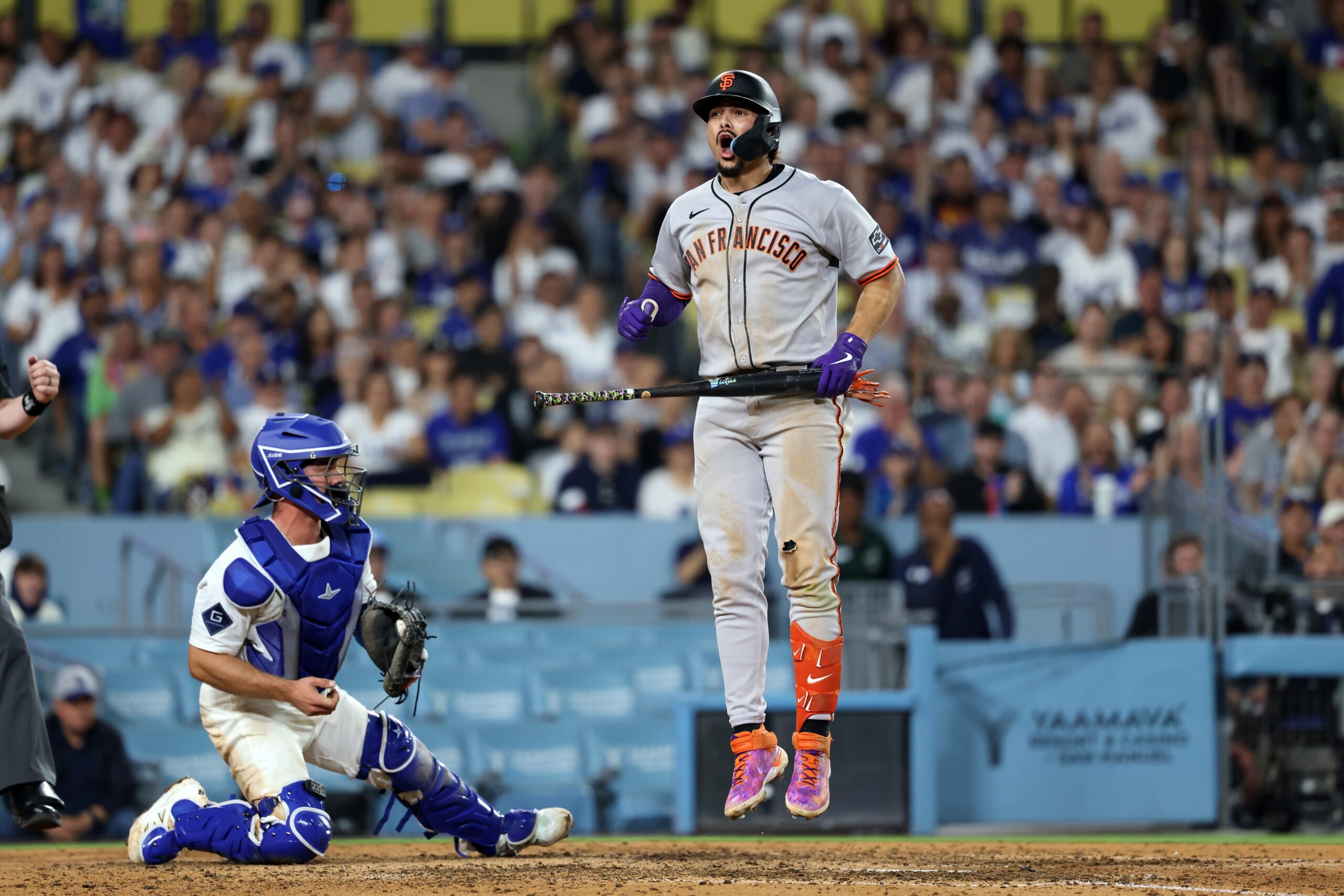 Sep 18, 2025; Los Angeles, California, USA;  San Francisco Giants shortstop Willy Adames (2) reacts after strike out looking during the seventh inning against the Los Angeles Dodgers at Dodger Stadium. Mandatory Credit: Kiyoshi Mio-Imagn Images