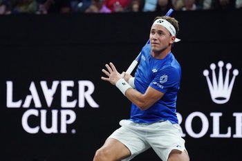 Sep 19, 2025; San Francisco, CA, USA; Team Europe player Casper Ruud returns a ball against Team World player Reilly Opelka at the Laver Cup at Chase Center. Mandatory Credit: David Gonzales-Imagn Images