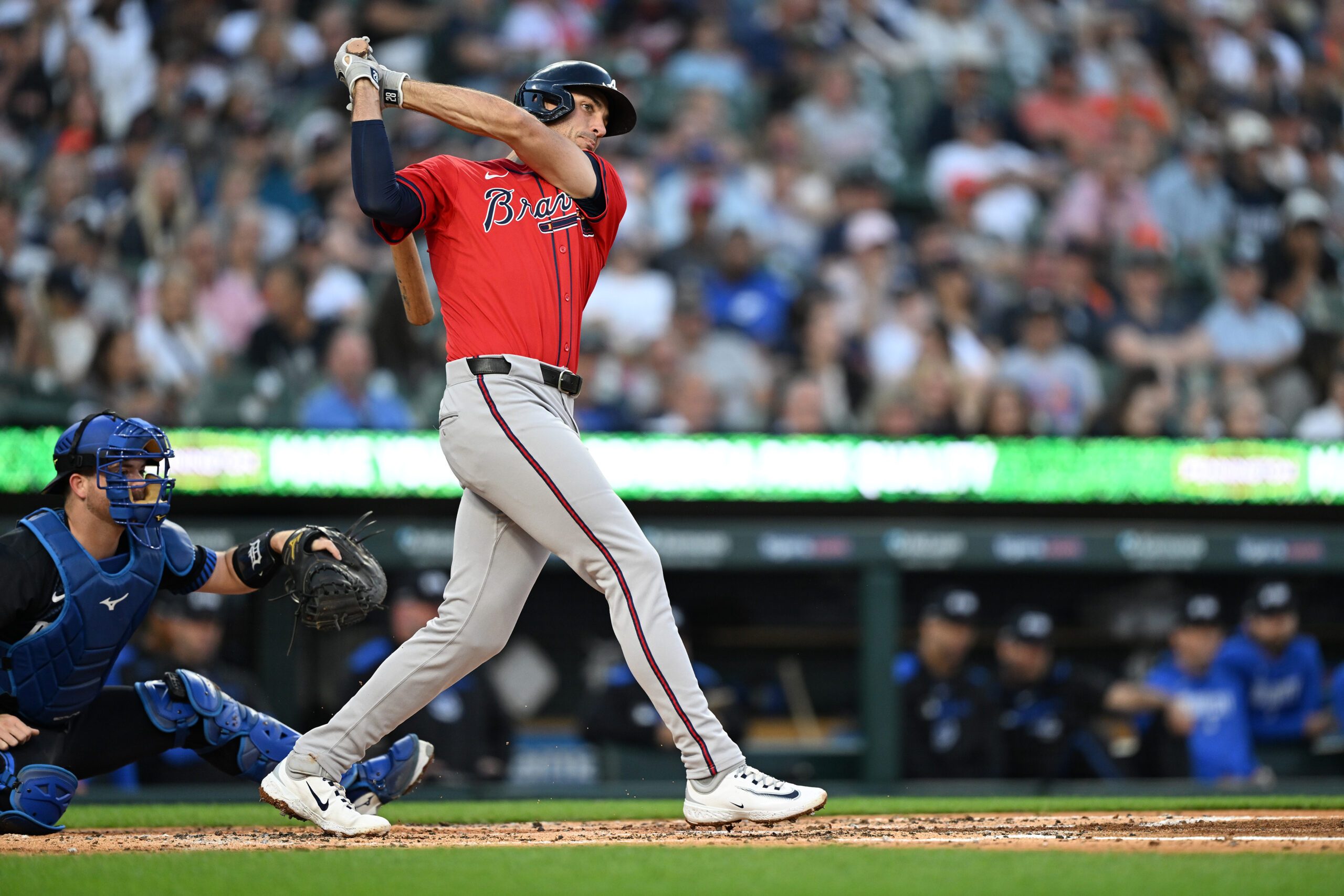 Sep 19, 2025; Detroit, Michigan, USA;  Atlanta Braves first baseman Matt Olson (28) hits an RBI double down the first base line against the Detroit Tigers in the second inning at Comerica Park. Mandatory Credit: Lon Horwedel-Imagn Images