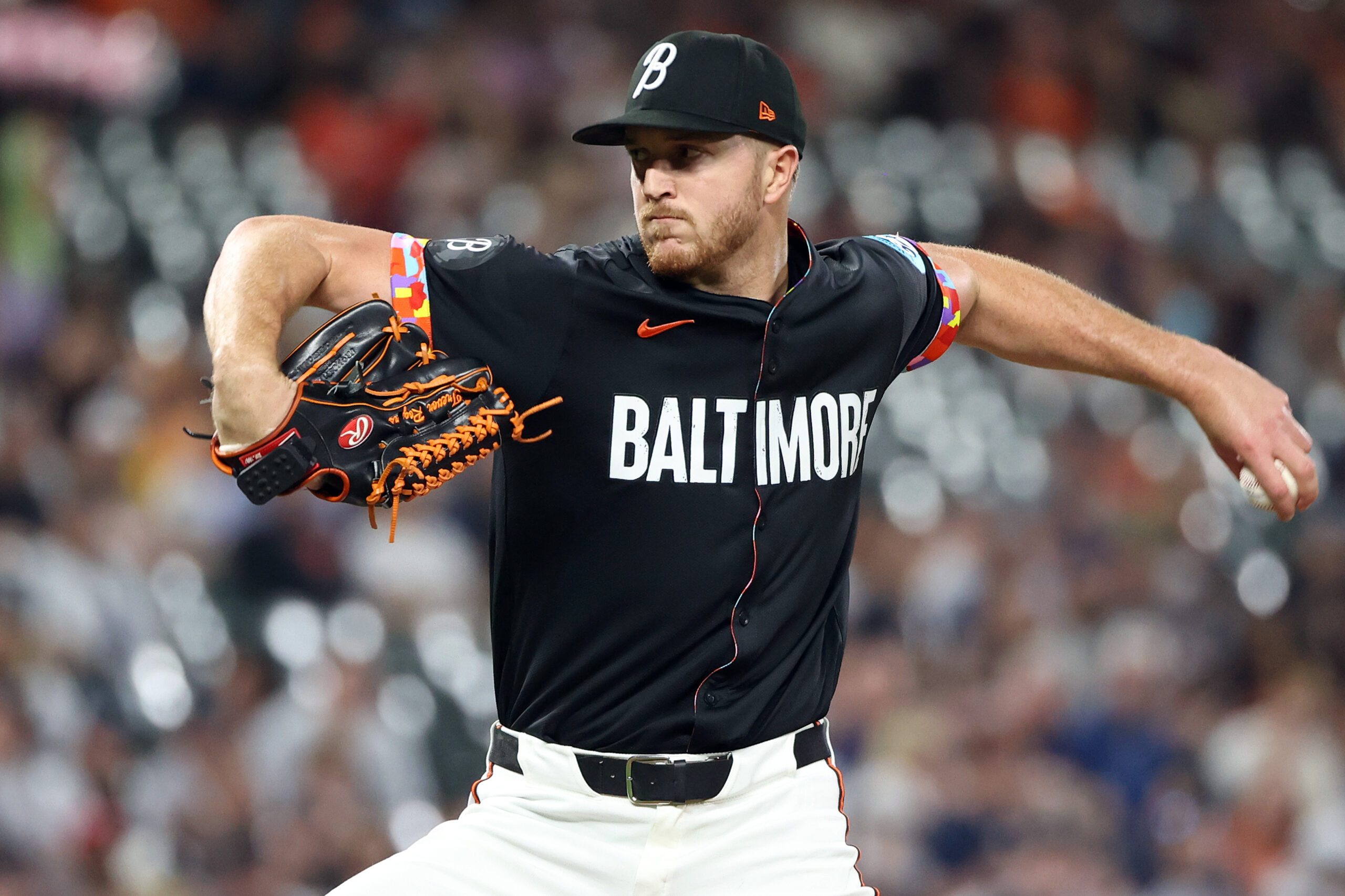 Sep 19, 2025; Baltimore, Maryland, USA; Baltimore Orioles pitcher Trevor Rogers (28) throws during the third inning against the New York Yankees at Oriole Park at Camden Yards. Mandatory Credit: Daniel Kucin Jr.-Imagn Images