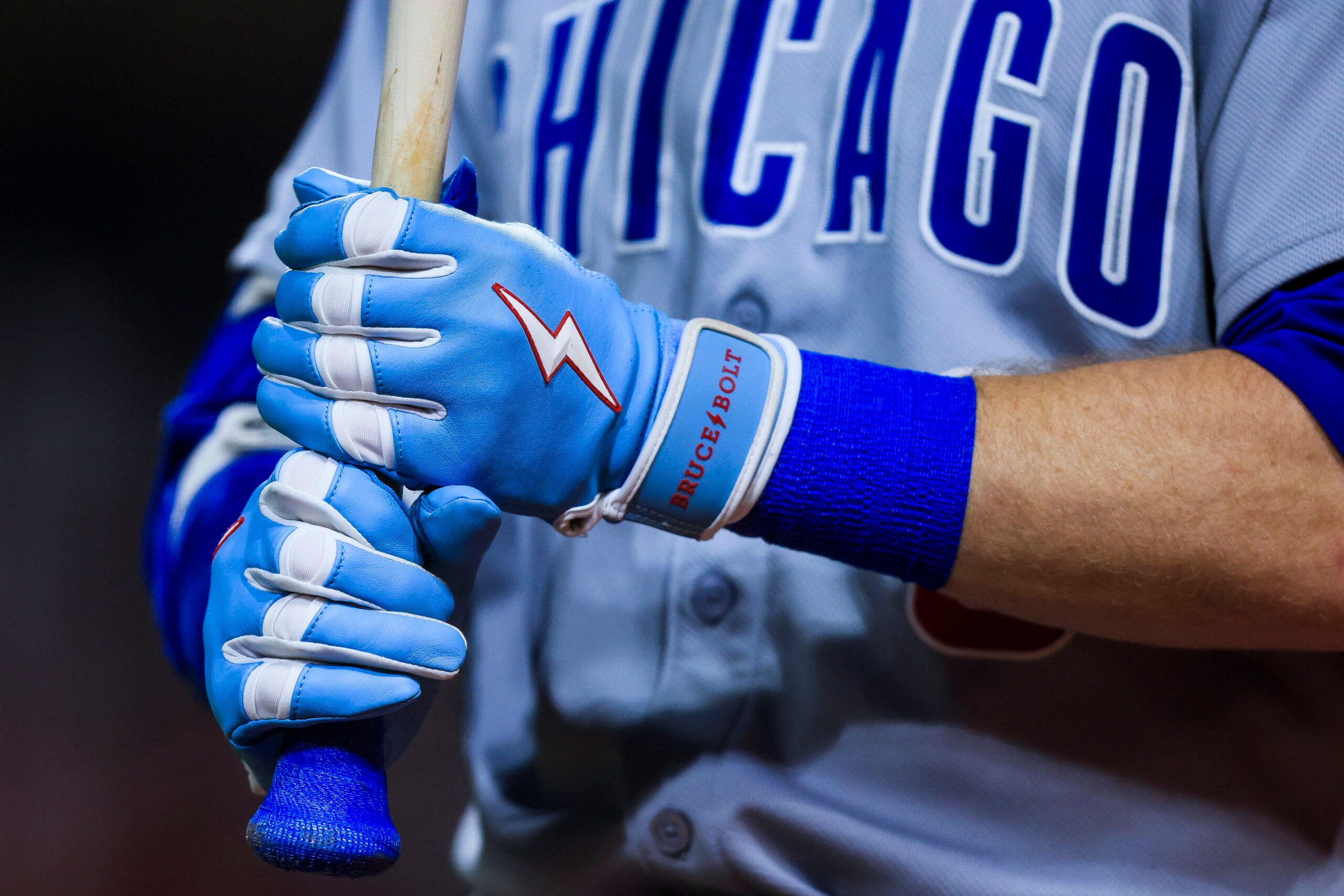 Sep 19, 2025; Cincinnati, Ohio, USA; A detail view as Chicago Cubs outfielder Ian Happ (8) prepares on deck in the ninth inning against the Cincinnati Reds at Great American Ball Park. Mandatory Credit: Katie Stratman-Imagn Images