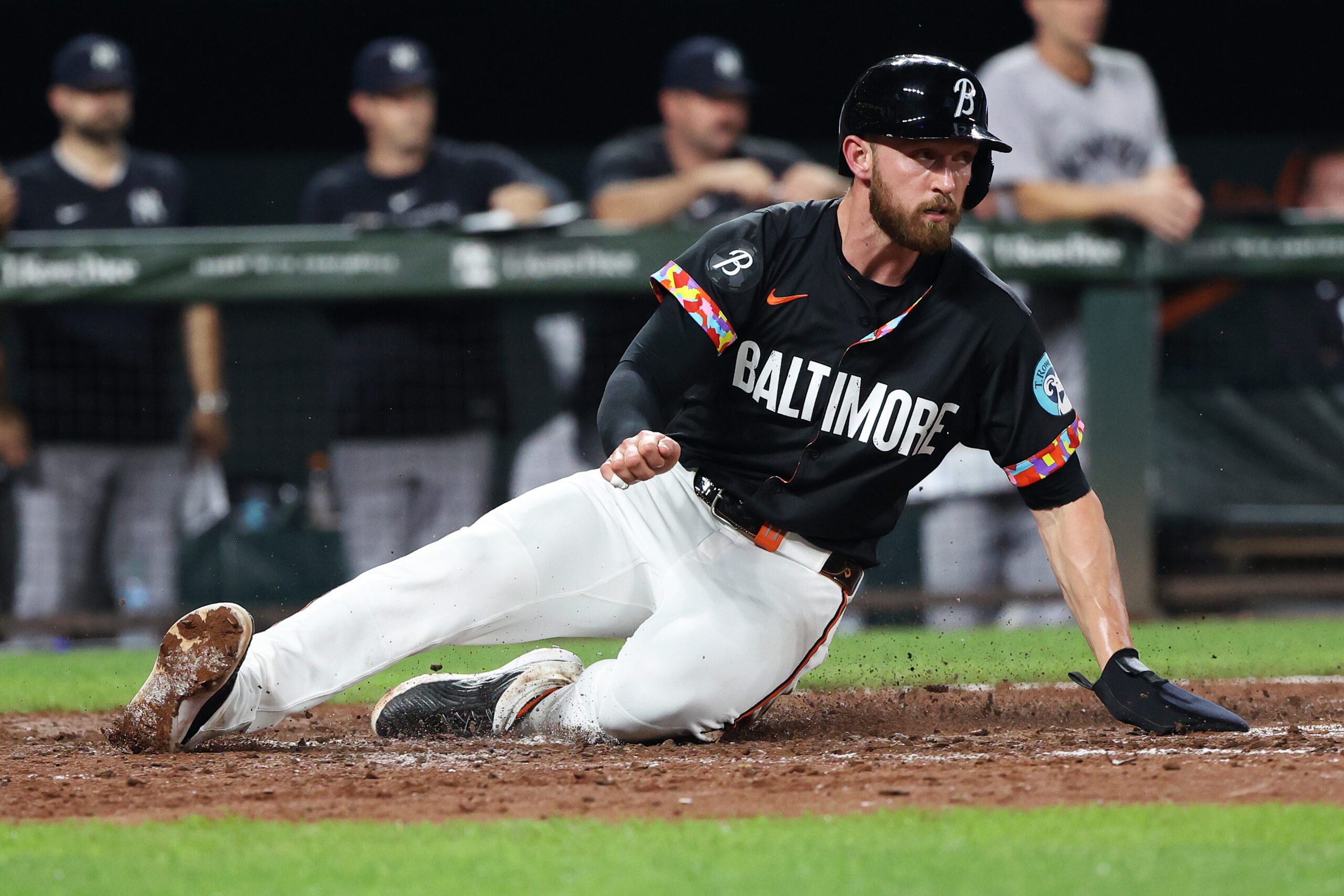 Sep 19, 2025; Baltimore, Maryland, USA; Baltimore Orioles third baseman Jordan Westburg (11) scores during the sixth inning against the New York Yankees at Oriole Park at Camden Yards. Mandatory Credit: Daniel Kucin Jr.-Imagn Images