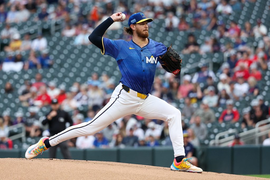 Sep 20, 2025; Minneapolis, Minnesota, USA; Minnesota Twins starting pitcher Bailey Ober (17) delivers a pitch against the Cleveland Guardians during the first inning of game two of a double header at Target Field. Mandatory Credit: Matt Krohn-Imagn Images
