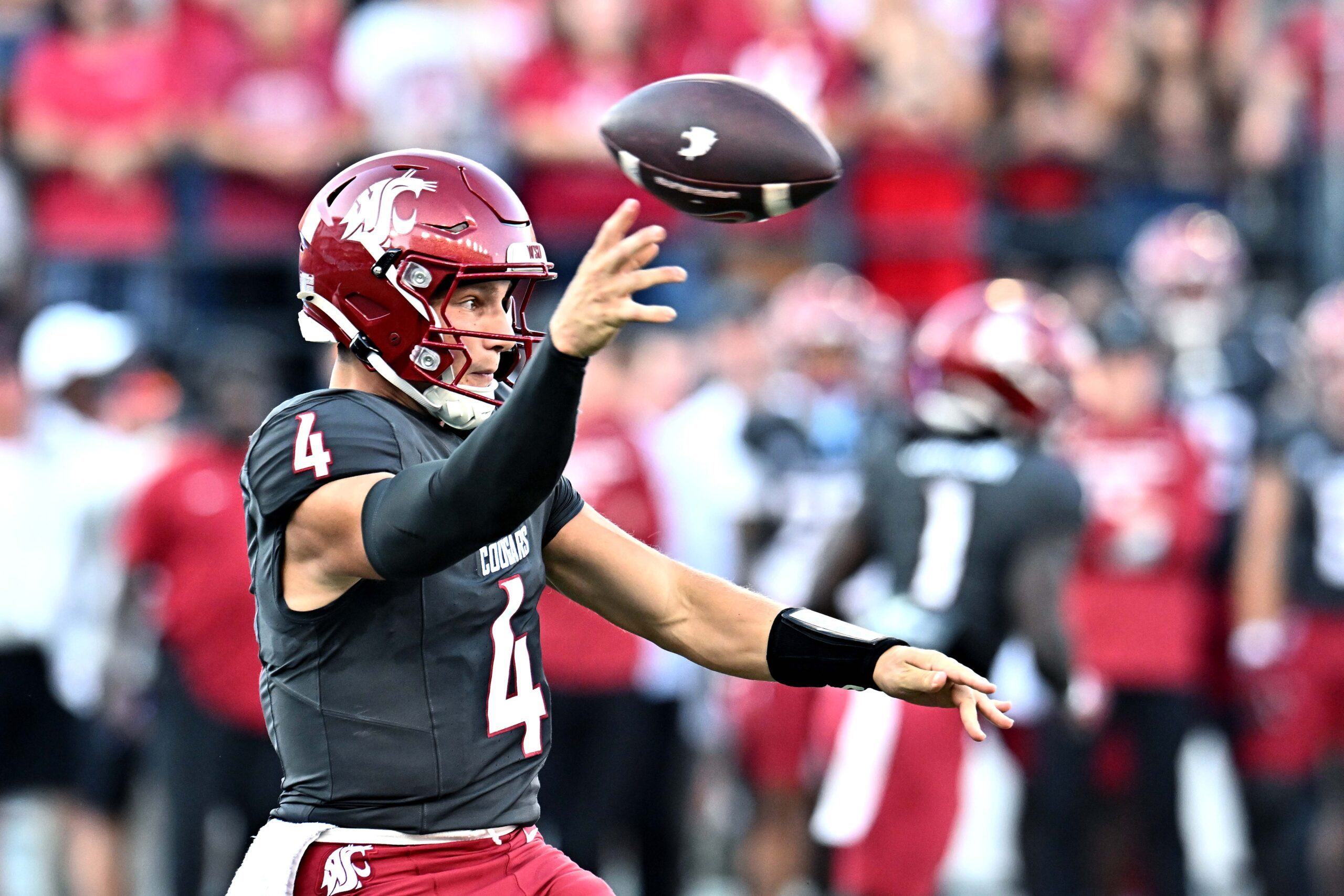 Sep 20, 2025; Pullman, Washington, USA; Washington State Cougars quarterback Zevi Eckhaus (4) throws a pass against the Washington Huskies in the first half of Apple Cup at Gesa Field at Martin Stadium. Mandatory Credit: James Snook-Imagn Images