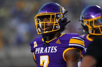 Sep 20, 2025; Greenville, North Carolina, USA; East Carolina Pirates running back London Montgomery (7) looks on before the game against the Brigham Young Cougars at Dowdy-Ficklen Stadium. Mandatory Credit: James Guillory-Imagn Images