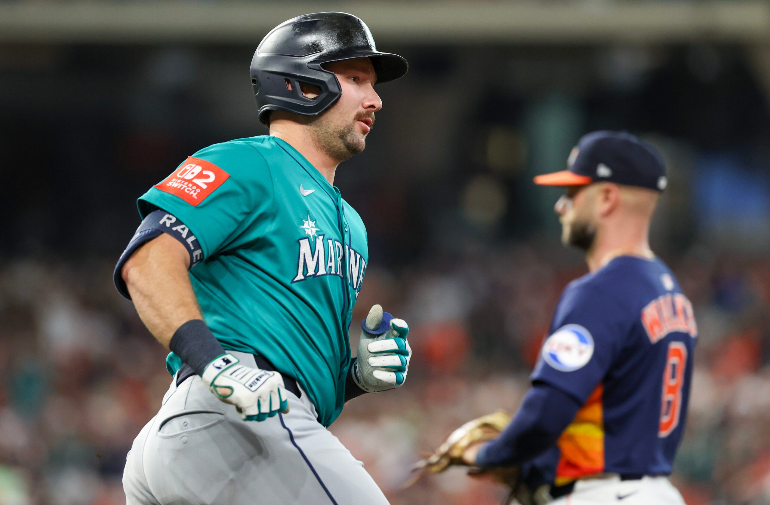 Sep 21, 2025; Houston, Texas, USA; Seattle Mariners catcher Cal Raleigh (29) rounds the bases after hitting a two-run home run against the Houston Astros in the second inning at Daikin Park. Mandatory Credit: Thomas Shea-Imagn Images