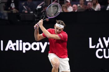 Sep 21, 2025; San Francisco, CA, USA;  Team World player Taylor Fritz returns the ball from Team Europe player Alexander Zverev during the Laver Cup at Chase Center. Mandatory Credit: David Gonzales-Imagn Images
