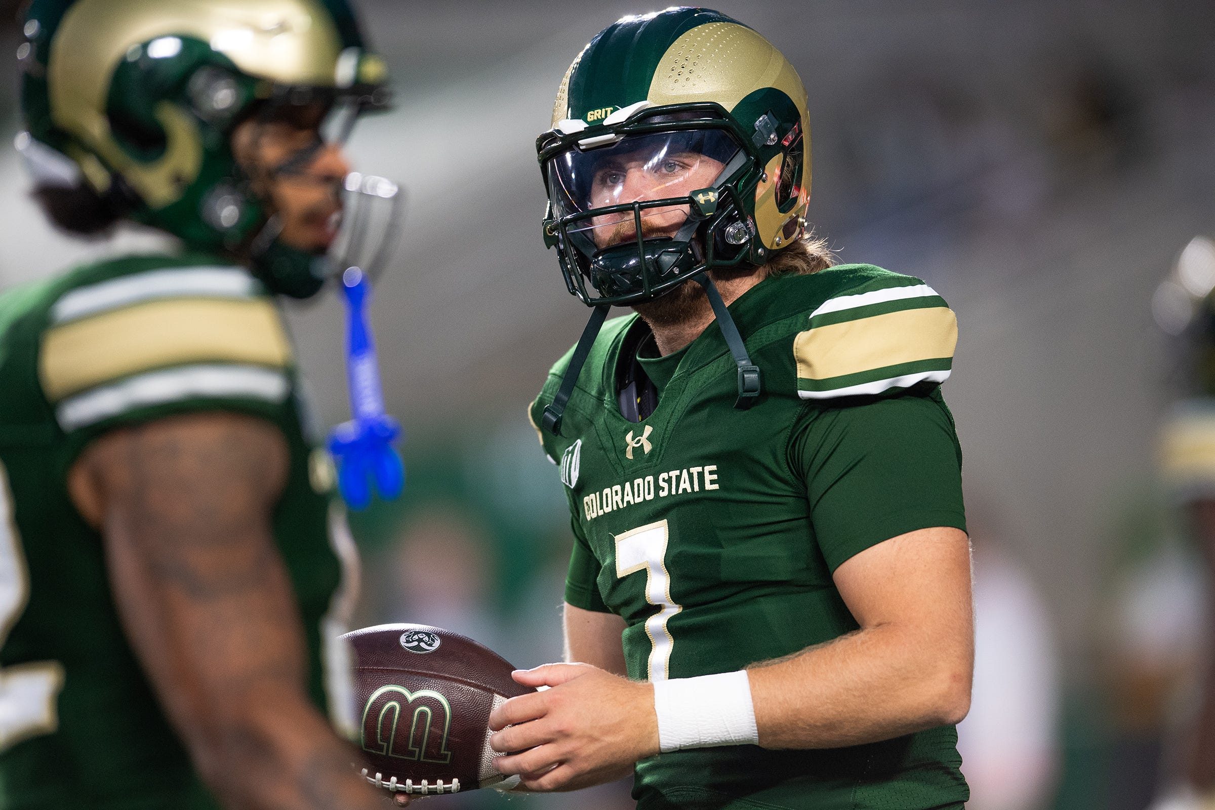 Colorado State's Jackson Brousseau warms up before an NCAA football game against UTSA at Canvas Stadium on Sept. 20, 2025, in Fort Collins, Colo.