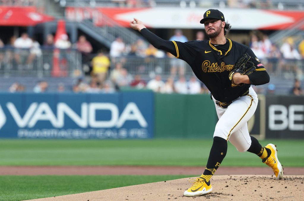 Sep 16, 2025; Pittsburgh, Pennsylvania, USA; Pittsburgh Pirates starting pitcher Paul Skenes (30) delivers a pitch against the Chicago Cubs during the first inning at PNC Park. Mandatory Credit: Charles LeClaire-Imagn Images