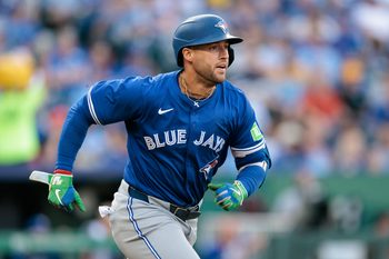 Sep 20, 2025; Kansas City, Missouri, USA; Toronto Blue Jays outfielder George Springer (4) runs to first base during the first inning against the Kansas City Royals at Kauffman Stadium. Mandatory Credit: William Purnell-Imagn Images