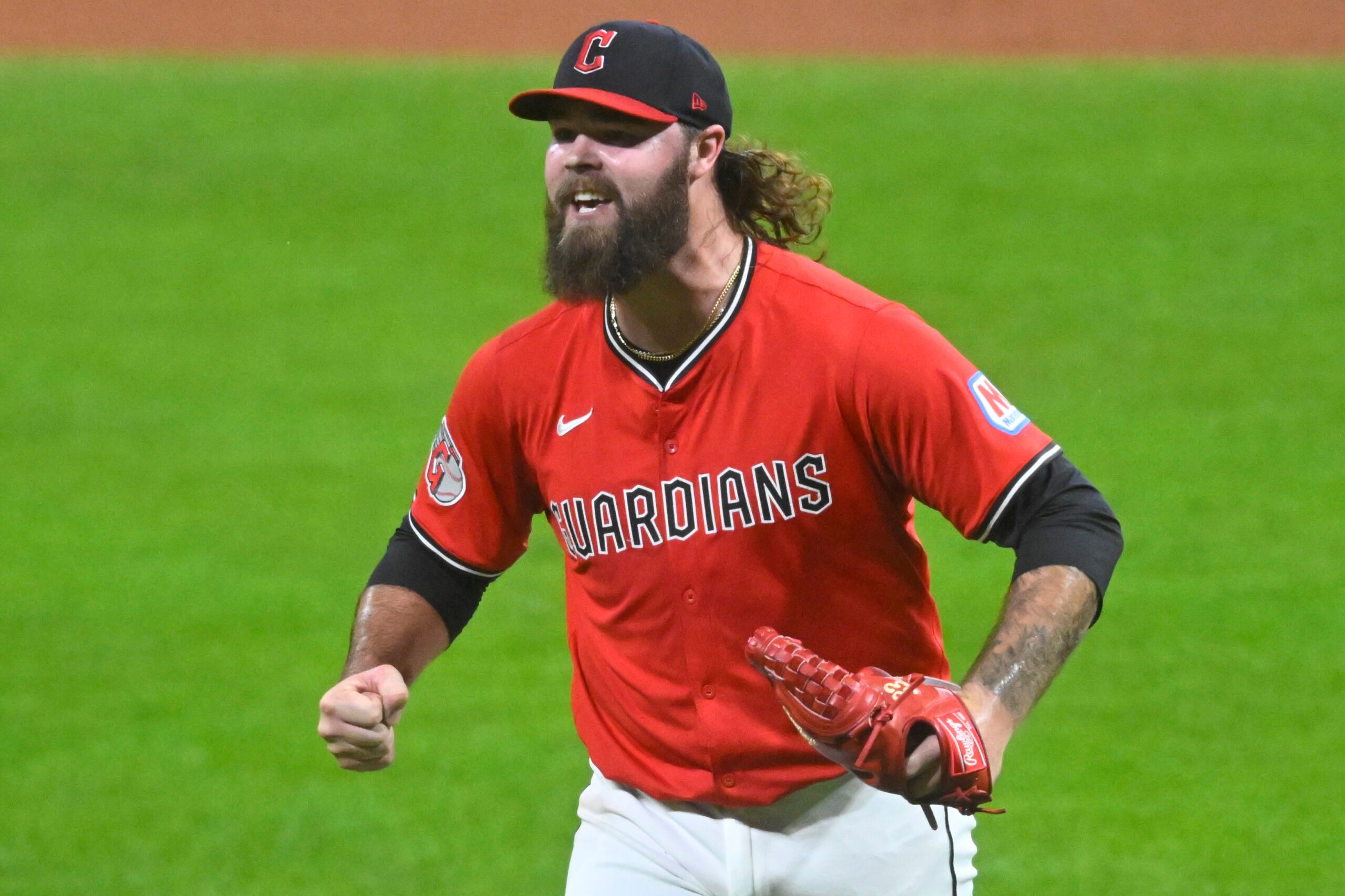 Sep 23, 2025; Cleveland, Ohio, USA; Cleveland Guardians relief pitcher Hunter Gaddis (33) reacts at the end of the eighth inning against the Detroit Tigers at Progressive Field. Mandatory Credit: David Richard-Imagn Images