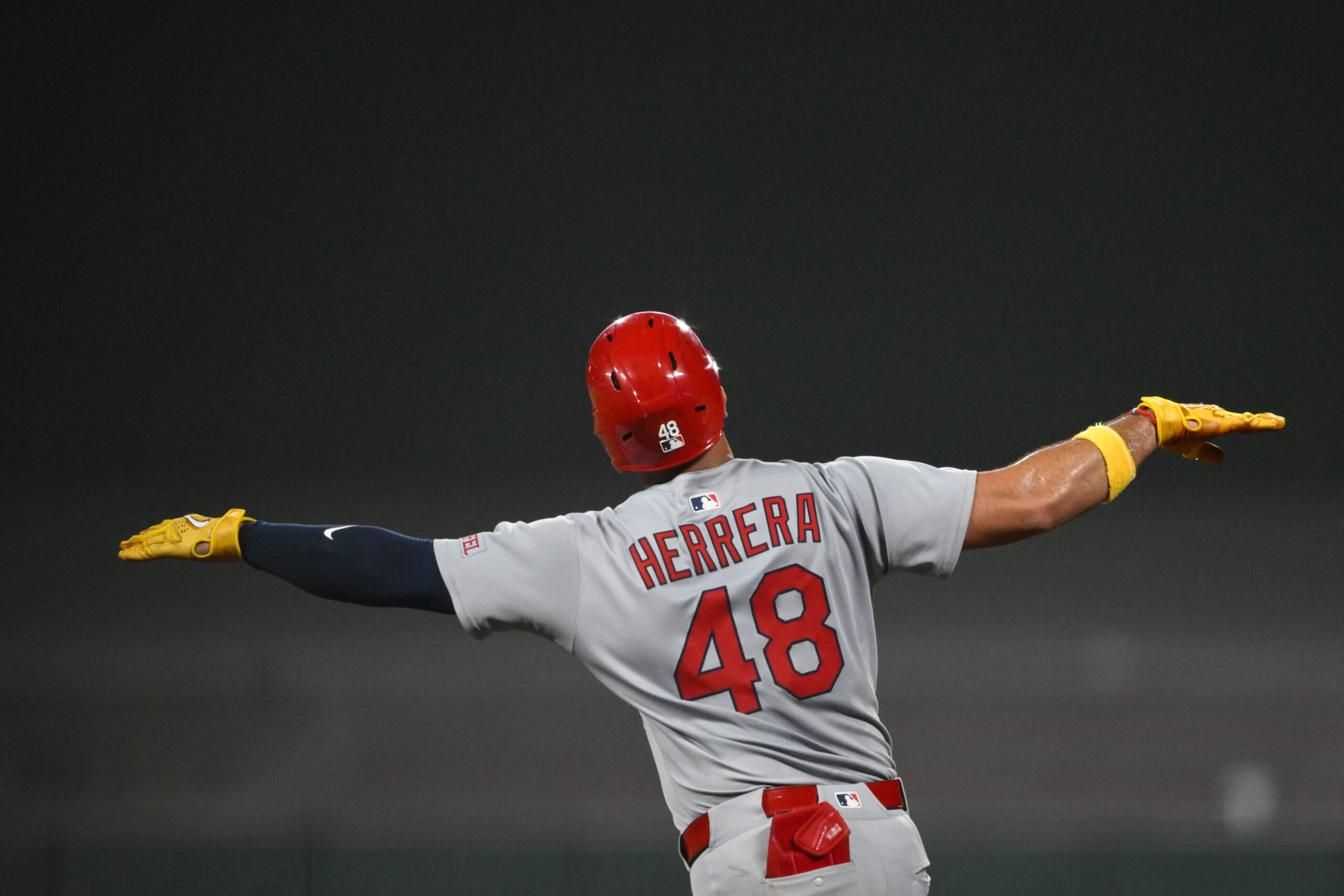 Sep 23, 2025; San Francisco, California, USA; St. Louis Cardinals designated hitter Ivan Herrera (48) celebrates a three-run home run against the San Francisco Giants during the seventh inning at Oracle Park. Mandatory Credit: Eakin Howard-Imagn Images