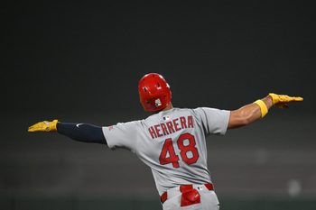 Sep 23, 2025; San Francisco, California, USA; St. Louis Cardinals designated hitter Ivan Herrera (48) celebrates a three-run home run against the San Francisco Giants during the seventh inning at Oracle Park. Mandatory Credit: Eakin Howard-Imagn Images