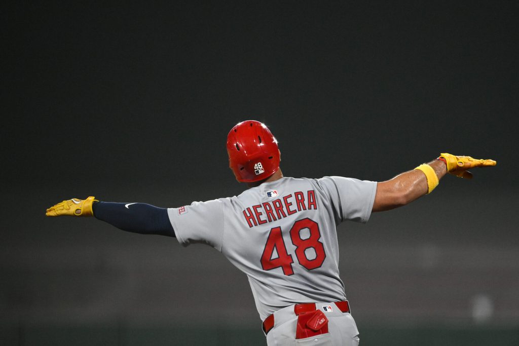 Sep 23, 2025; San Francisco, California, USA; St. Louis Cardinals designated hitter Ivan Herrera (48) celebrates a three-run home run against the San Francisco Giants during the seventh inning at Oracle Park. Mandatory Credit: Eakin Howard-Imagn Images