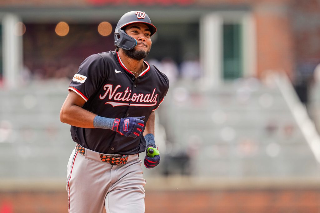 Sep 24, 2025; Cumberland, Georgia, USA; Washington Nationals left fielder James Wood (29) reacts after hitting a home run against the Atlanta Braves during the eighth inning at Truist Park. Mandatory Credit: Dale Zanine-Imagn Images