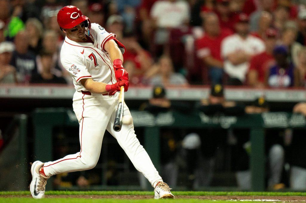 Cincinnati Reds first baseman Spencer Steer (7) hits a base hit in the fourth inning between Cincinnati Reds and Pittsburg Pirates at Great American Ball Park in Cincinnati on Sept. 24, 2025.