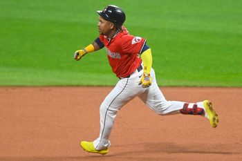 Sep 24, 2025; Cleveland, Ohio, USA; Cleveland Guardians third baseman Jose Ramirez (11) runs the bases in the first inning against the Detroit Tigers at Progressive Field. Mandatory Credit: David Richard-Imagn Images