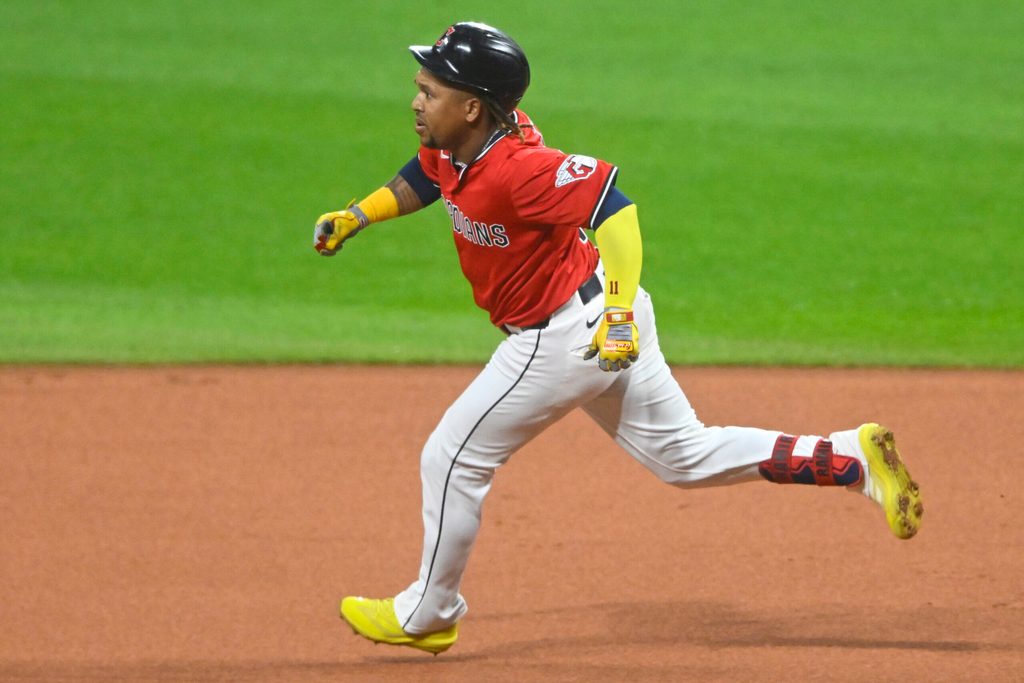Sep 24, 2025; Cleveland, Ohio, USA; Cleveland Guardians third baseman Jose Ramirez (11) runs the bases in the first inning against the Detroit Tigers at Progressive Field. Mandatory Credit: David Richard-Imagn Images