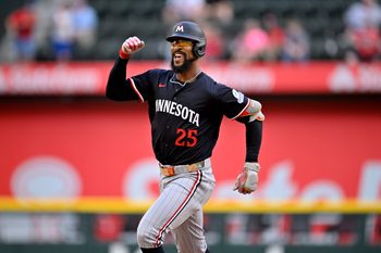 Sep 25, 2025; Arlington, Texas, USA; Minnesota Twins center fielder Byron Buxton (25) celebrates as he rounds the bases after hitting a three run home run against the Texas Rangers during the eighth inning at Globe Life Field. Mandatory Credit: Jerome Miron-Imagn Images