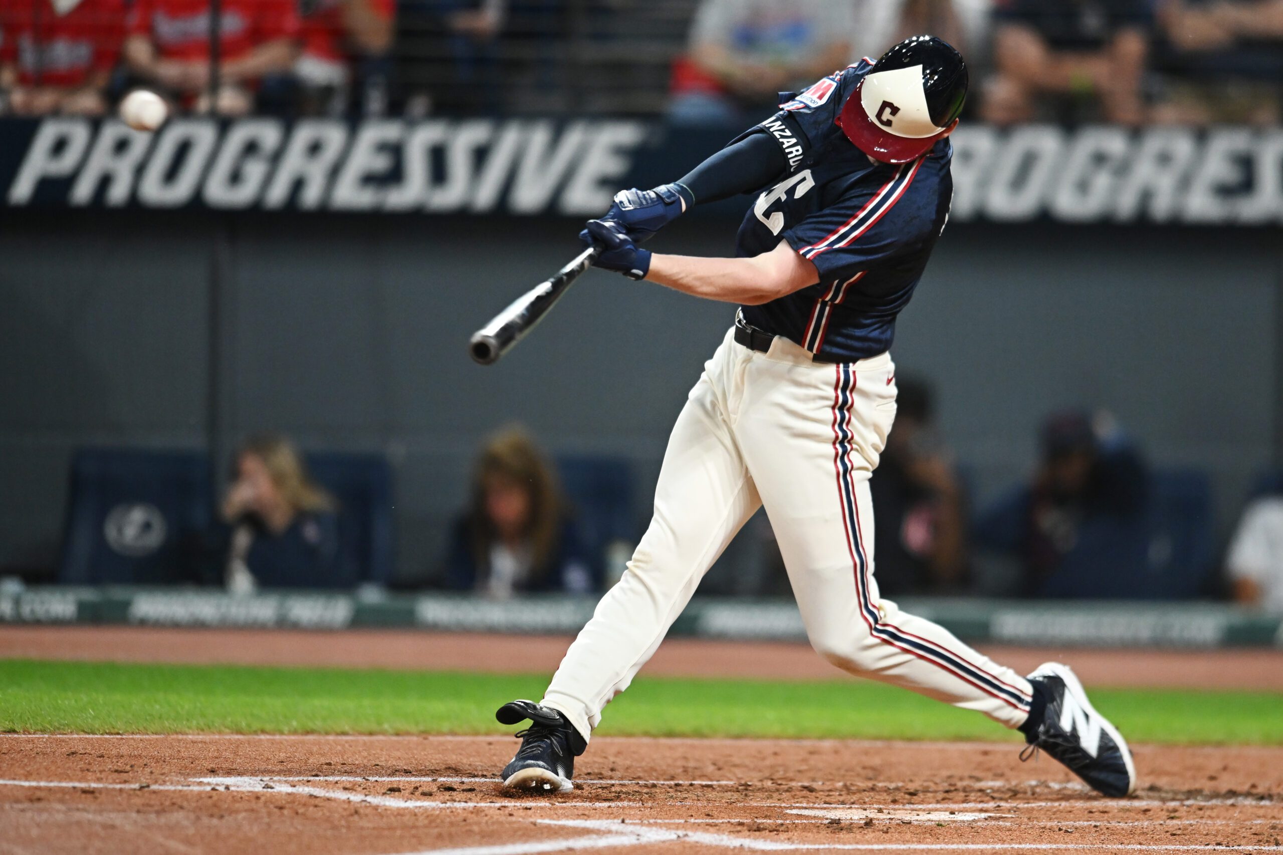 Sep 26, 2025; Cleveland, Ohio, USA; Cleveland Guardians designated hitter Kyle Manzardo (9) hits a home run during the first inning against the Texas Rangers at Progressive Field. Mandatory Credit: Ken Blaze-Imagn Images