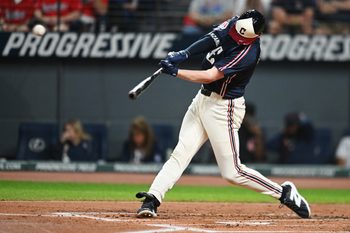 Sep 26, 2025; Cleveland, Ohio, USA; Cleveland Guardians designated hitter Kyle Manzardo (9) hits a home run during the first inning against the Texas Rangers at Progressive Field. Mandatory Credit: Ken Blaze-Imagn Images