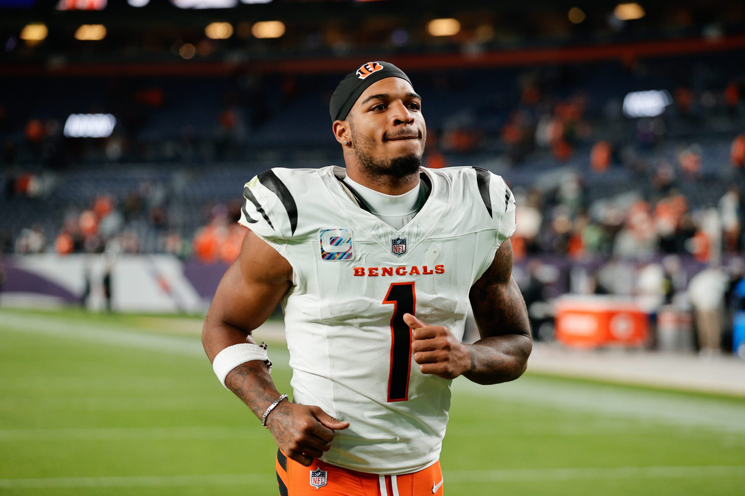 Sep 29, 2025; Denver, Colorado, USA; Cincinnati Bengals wide receiver Ja'Marr Chase (1) looks on after the game against the Denver Broncos at Empower Field at Mile High. Mandatory Credit: Isaiah J. Downing-Imagn Images