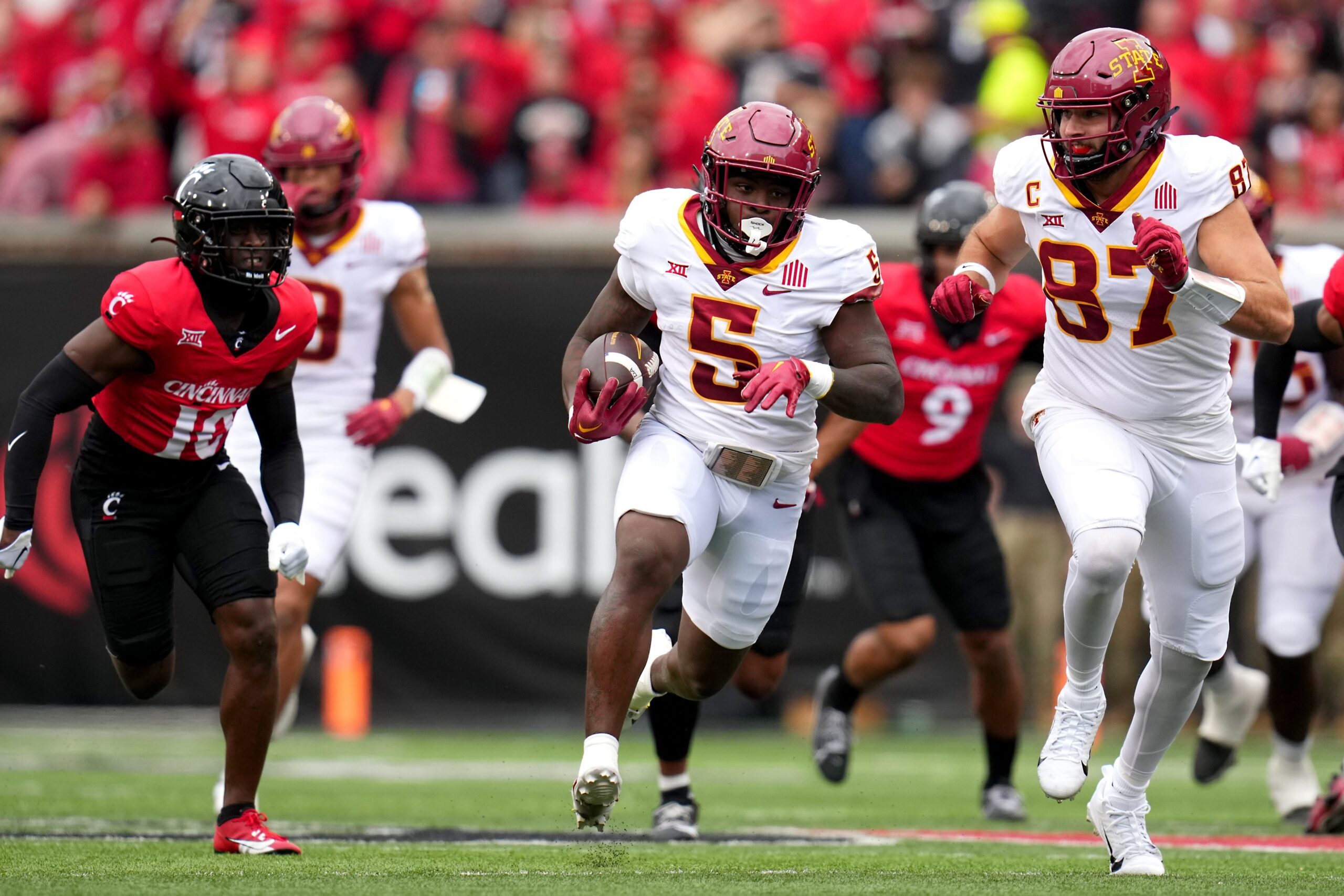Iowa State Cyclones running back Cartevious Norton (5) carries the ball in the second quarter during a college football game between the Iowa State Cyclones and the Cincinnati Bearcats Saturday, Oct. 14, 2023, at Nippert Stadium win Cincinnati.