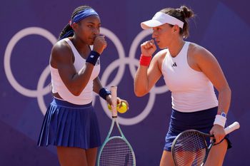 Jul 31, 2024; Paris, France; Coco Gauff (USA) and Jessica Pegula (USA) during the Paris 2024 Olympic Summer Games at Stade Roland Garros. Mandatory Credit: Kirby Lee-Imagn Images