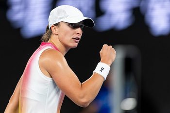 Jan 24, 2025; Melbourne, Victoria, Australia; Iga Swiatek of Poland celebrates during her match against Madison Keys of United States of America in the semifinals of the women's singles at the 2025 Australian Open at Melbourne Park. Mandatory Credit: Mike Frey-Imagn Images