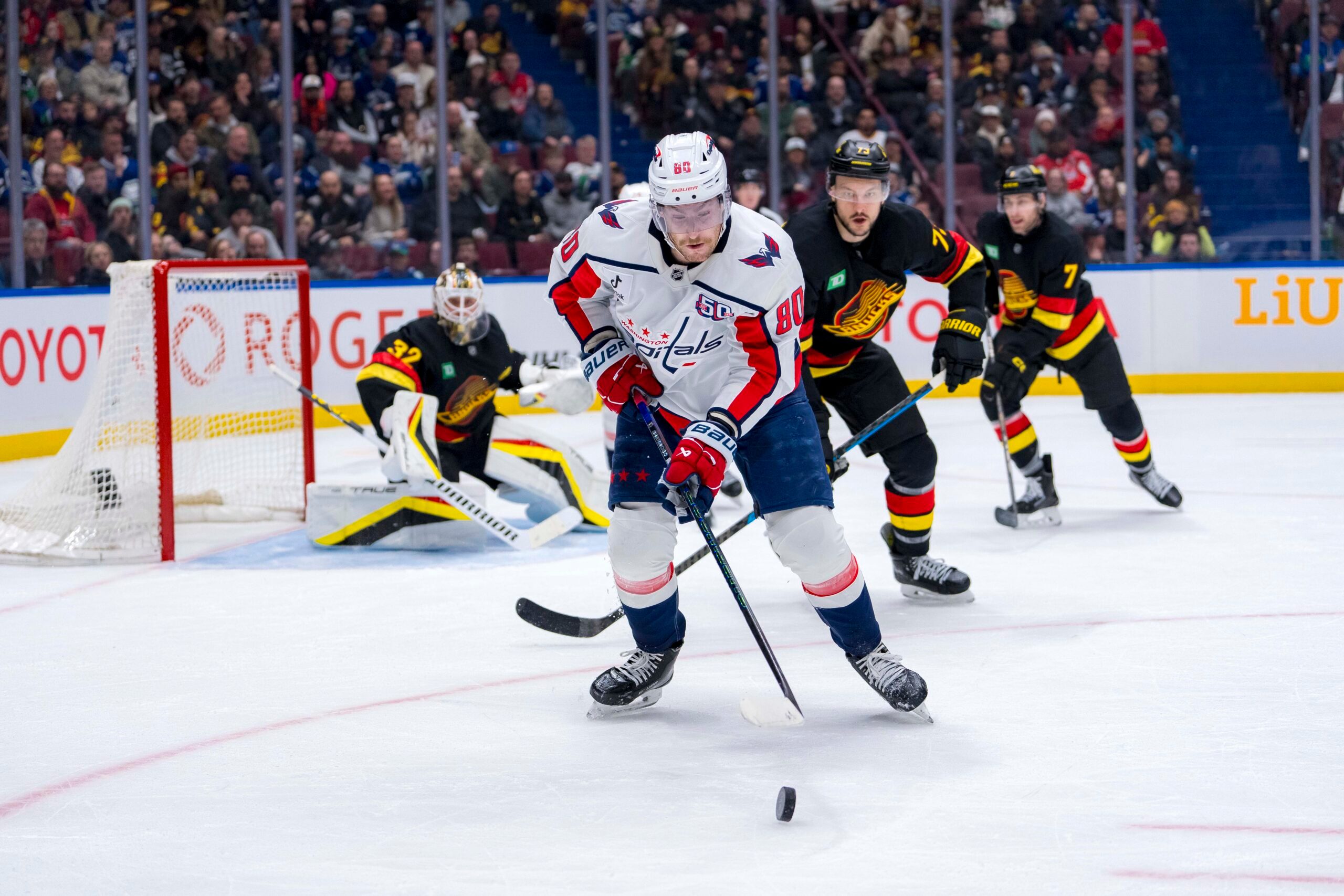 Jan 25, 2025; Vancouver, British Columbia, CAN; Washington Capitals forward Pierre-Luc Dubois (80) handles the puck against the Vancouver Canucks in the third period at Rogers Arena. Mandatory Credit: Bob Frid-Imagn Images