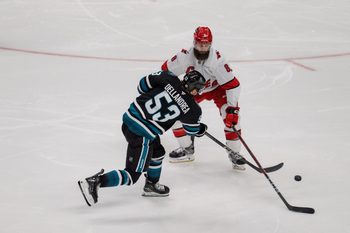 Mar 20, 2025; San Jose, California, USA; San Jose Sharks center Ty Dellandrea (53) shoots the puck against Carolina Hurricanes defenseman Brent Burns (8) during the third period at SAP Center at San Jose. Mandatory Credit: Neville E. Guard-Imagn Images