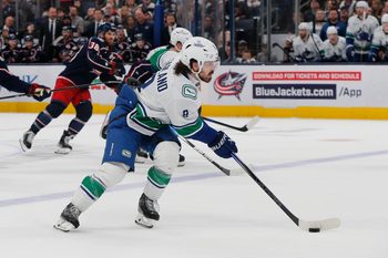 Mar 28, 2025; Columbus, Ohio, USA; Vancouver Canucks right wing Conor Garland (8) carries the puck against the Columbus Blue Jackets during the second period at Nationwide Arena. Mandatory Credit: Russell LaBounty-Imagn Images