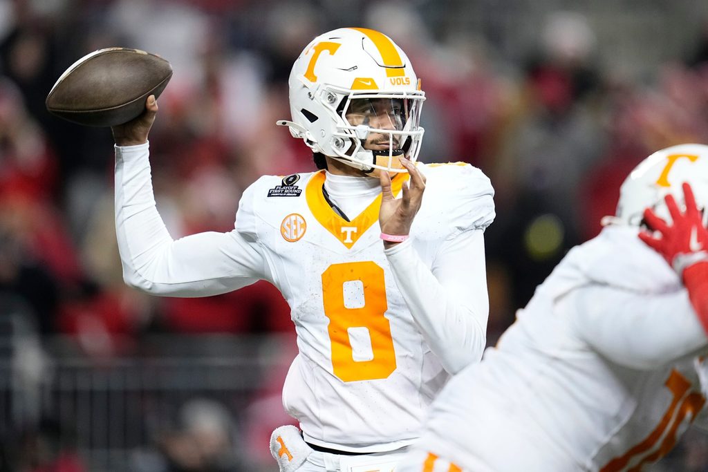 Tennessee Volunteers quarterback Nico Iamaleava (8) throws during the second half of the College Football Playoff first round game against the Ohio State Buckeyes at Ohio Stadium in Columbus on Dec. 22, 2024. Ohio State won 42-17.