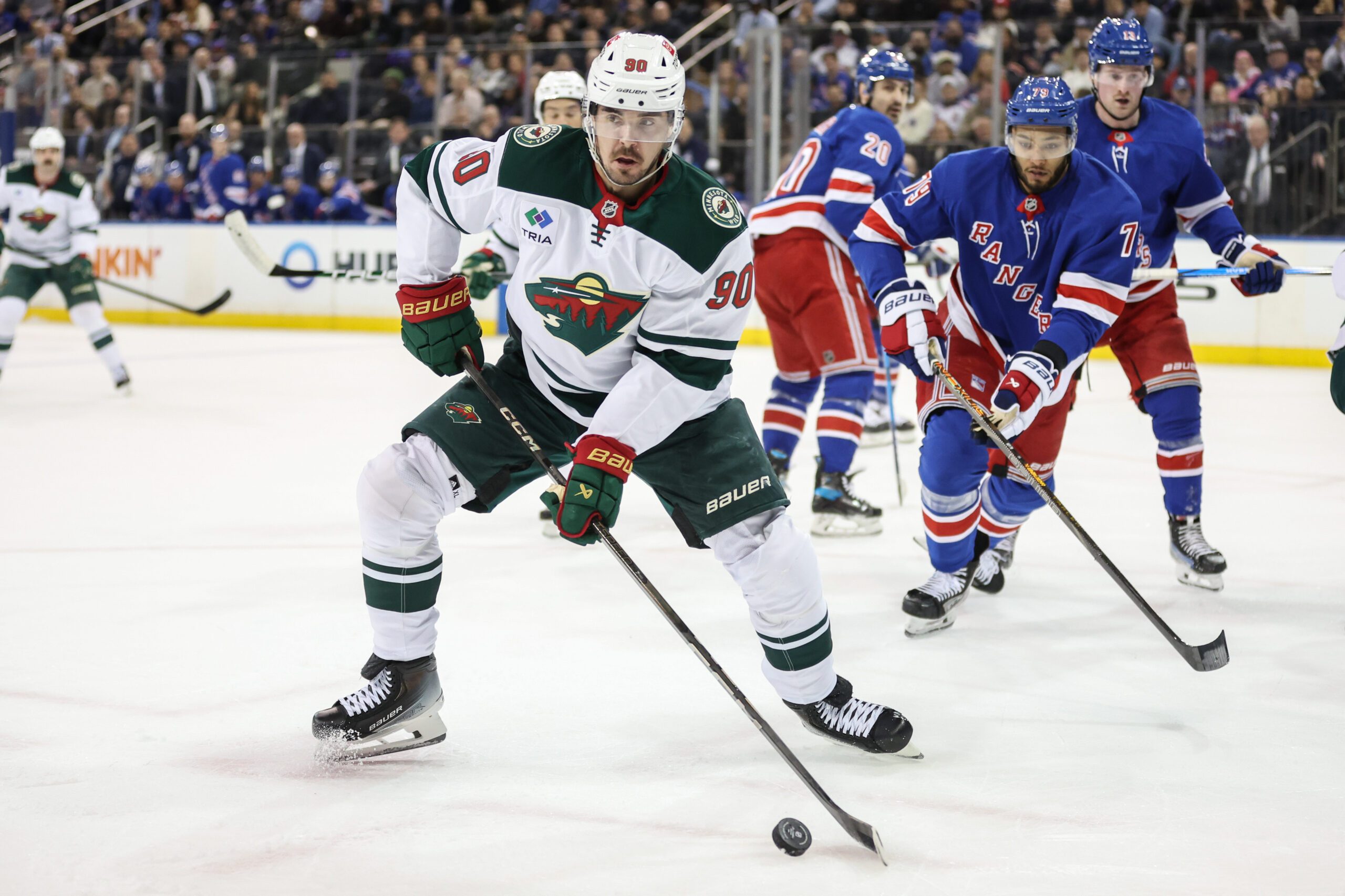 Apr 2, 2025; New York, New York, USA;  Minnesota Wild left wing Marcus Johansson (90) at Madison Square Garden. Mandatory Credit: Wendell Cruz-Imagn Images