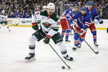 Apr 2, 2025; New York, New York, USA;  Minnesota Wild left wing Marcus Johansson (90) at Madison Square Garden. Mandatory Credit: Wendell Cruz-Imagn Images