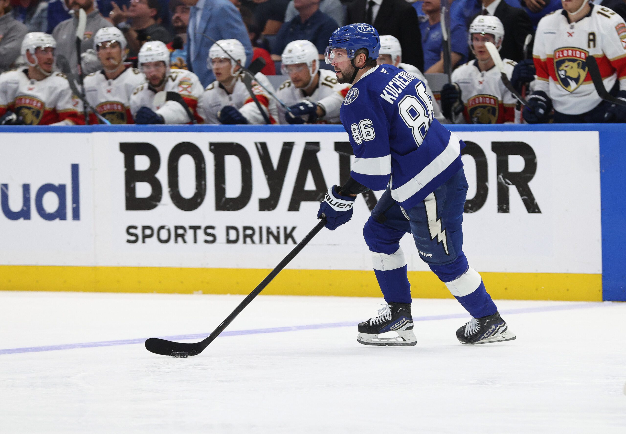 Apr 30, 2025; Tampa, Florida, USA; Tampa Bay Lightning right wing Nikita Kucherov (86) skates with the puck against the Florida Panthers during the second period of game five of the first round of the 2025 Stanley Cup Playoffs at Amalie Arena. Mandatory Credit: Kim Klement Neitzel-Imagn Images
