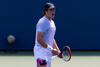 Aug 25, 2025; Flushing, NY, USA; Joao Fonseca of Brazil celebrates his victory over Miomir Kecmanovic of Serbia in the first round of the men’s singles at the US Open at Billie Jean King National Tennis Centre. Mandatory Credit: Mike Frey-Imagn Images