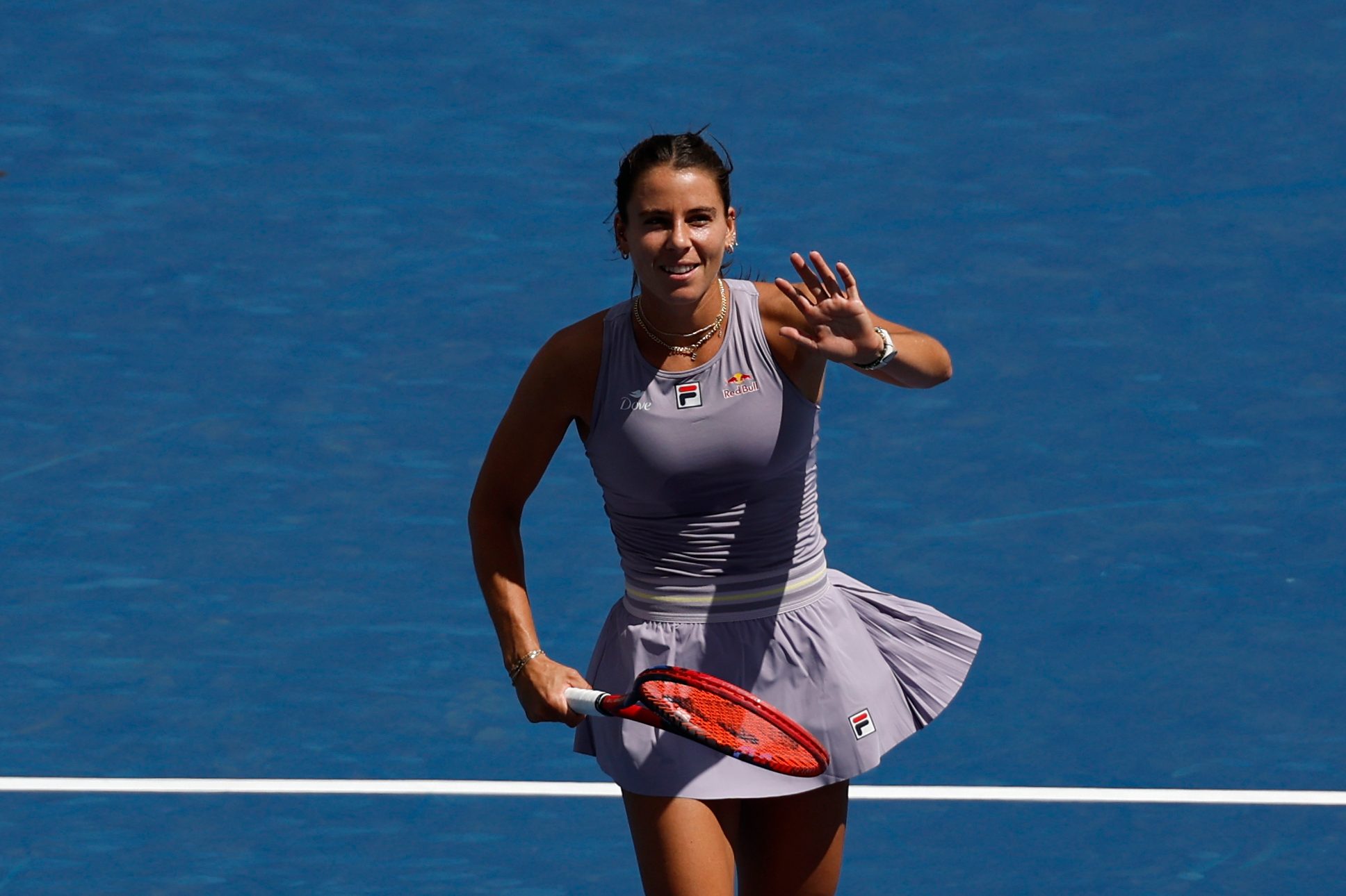 Aug 27, 2025; Flushing, NY, USA; Emma Navarro (USA) waves to the crowd after her match against Caty McNally (USA) (not pictured) on day four of the 2025 US Open tennis tournament at Billie Jean King USTA National Tennis Center. Mandatory Credit: Geoff Burke-Imagn Images