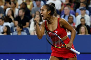Aug 29, 2025; Flushing, NY, USA; Leylah Fernandez (CAN) reacts after winning a point against Aryna Sabalenka (not pictured) on day six of the 2025 US Open tennis tournament at Billie Jean King USTA National Tennis Center. Mandatory Credit: Geoff Burke-Imagn Images
