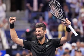 Aug 29, 2025; Flushing, NY, USA;  Novak Djokovic (SRB) after beating Cameron Norrie (GBR) (not pictured) on day six of the 2025 U.S. Open tennis tournament at the USTA Billie Jean King National Tennis Center. Mandatory Credit: Robert Deutsch-Imagn Images