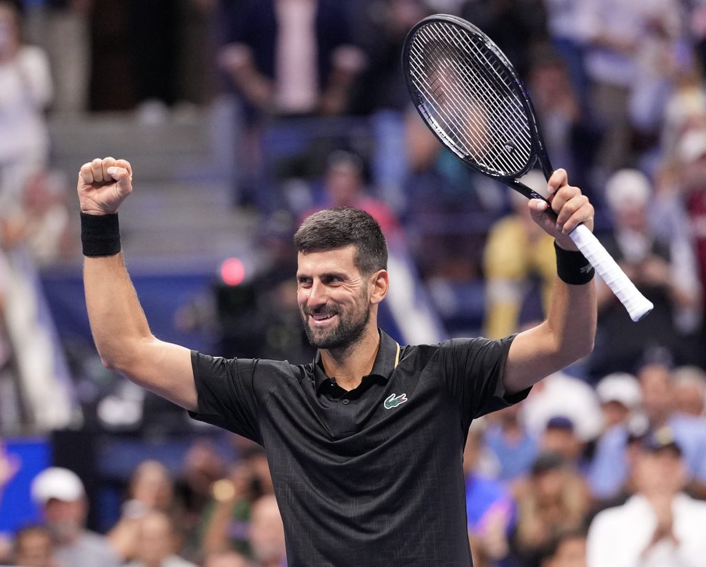 Aug 29, 2025; Flushing, NY, USA;  Novak Djokovic (SRB) after beating Cameron Norrie (GBR) (not pictured) on day six of the 2025 U.S. Open tennis tournament at the USTA Billie Jean King National Tennis Center. Mandatory Credit: Robert Deutsch-Imagn Images