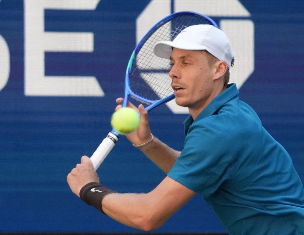 Aug 30, 2025; Flushing, NY, USA;  
Denis Shapovalov (CAN) hits to Jannik Sinner (ITA) (not pictured) on day seven of the 2025 U.S. Open tennis tournament at the USTA Billie Jean King National Tennis Center. Mandatory Credit: Robert Deutsch-Imagn Images