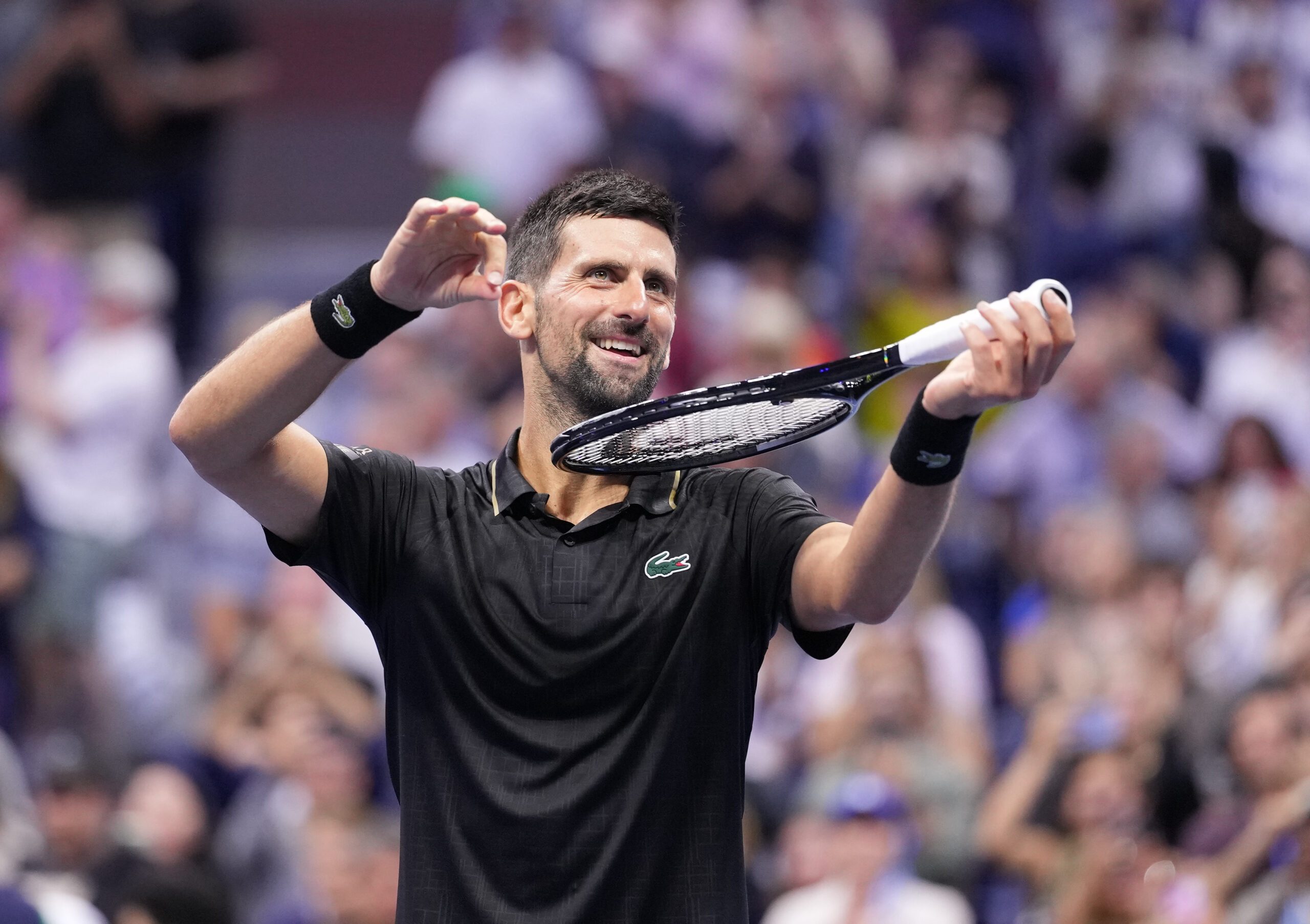 Aug 31, 2025; Flushing, NY, USA;  
Novak Djokovic (SRB) after beating Jan-Lennard Struff (GER) (not pictured) on day eight of the 2025 U.S. Open tennis tournament at the USTA Billie Jean King National Tennis Center. Mandatory Credit: Robert Deutsch-Imagn Images